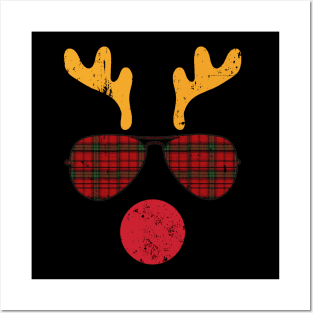 Cool Reindeer Face With Plaid Sunglasses Funny Christmas Posters and Art